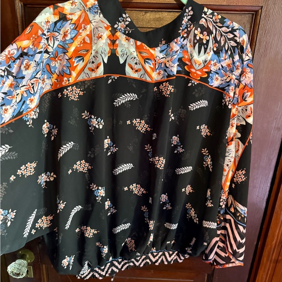 Express Black Floral Blouse with Orange Accents - Picture 2 of 9